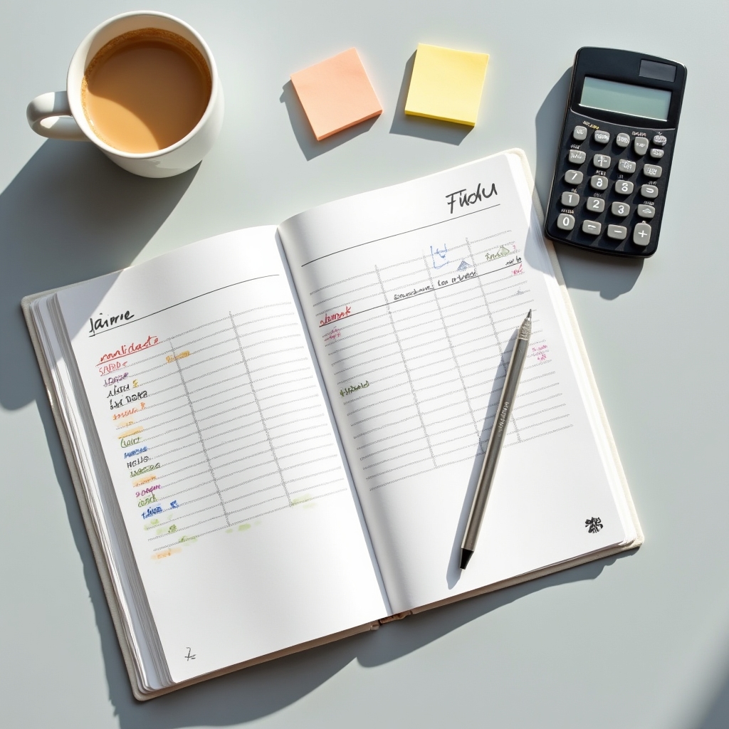 Планирование бюджета в блокноте с калькулятором на столе