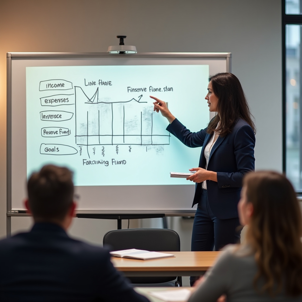 Преподаватель объясняет финансовую концепцию на доске участникам курса
